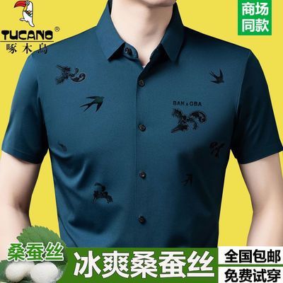 啄木鸟无痕桑蚕丝男士燕子衬衫短袖夏季新款商务休闲抗皱薄款衬衣
