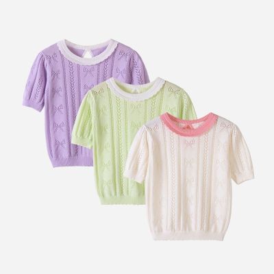 【天然棉】100%棉a类儿童棉针织衫新品后面镂空蝴蝶结男女童