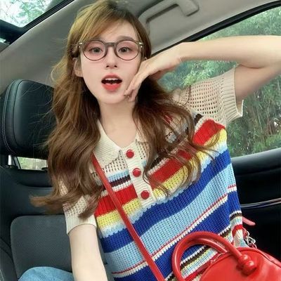 016#多巴胺穿搭2025夏季新款镂空彩色条纹针织女短款宽松上衣