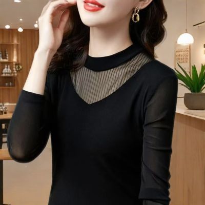 新款打底衫百搭气质显瘦拼接黑色T恤女士时尚上衣蕾丝打底衫