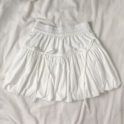 白色半身裙女夏季设计感蝴蝶结绑带蓬蓬裙子甜美风A字短裙花苞裙