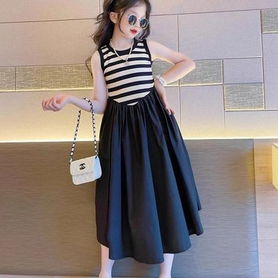 女童夏装连衣裙2025新款儿童夏季拼接条纹裙网红女孩无袖韩版