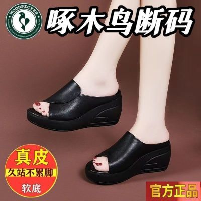 啄木鸟正品真皮厚底凉鞋2024新款牛皮松糕底坡跟拖鞋增高鱼嘴