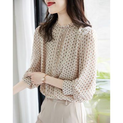 【德玛纳】波点泡泡袖衬衫春秋立领合体长袖通勤衬衣女装上衣
