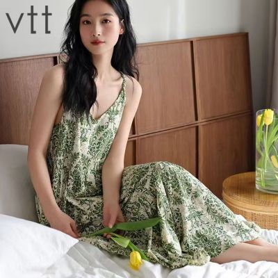 VTT爆款网红胸垫睡裙夏季纯棉吊带连衣裙夏天中长过膝大码家居服