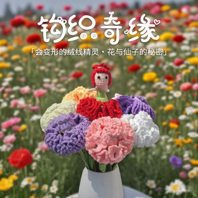 手工编织康乃馨花仙子成品居家装饰假花摆设钩织花束摆件可爱花朵