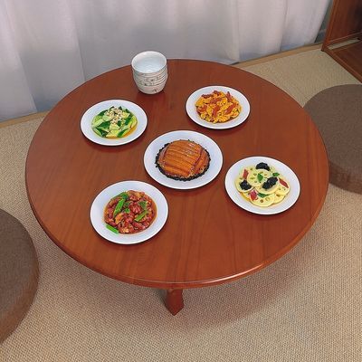 家用小饭桌圆形实木可折叠餐桌榻榻米桌飘窗炕桌矮桌木桌简约收纳