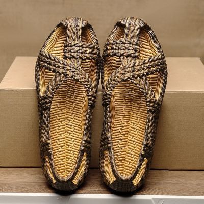 超软男士凉鞋外穿手工编织布草鞋男罗马凉鞋男复古沙滩休闲个性