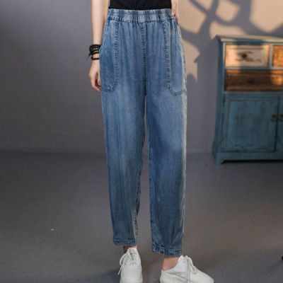 518蓝莱赛尔天丝牛仔裤女2025夏季新款文艺复古做旧松紧腰