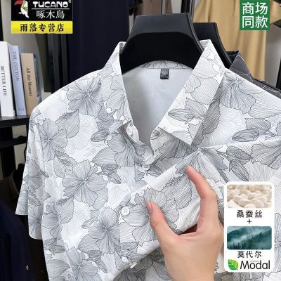 啄木鸟夏季高档男士无痕短袖印花冰丝免烫商务衬衣休闲桑蚕丝衬衫