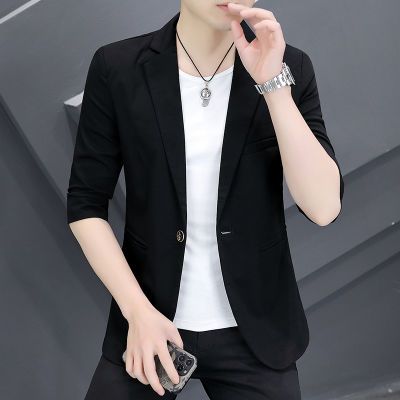 夏季中袖西服男士薄款七分袖单件青年上衣薄款休闲外套学生小西装