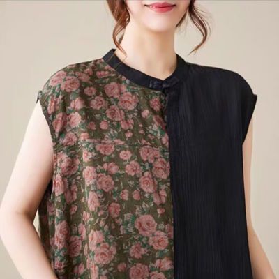 2025新款复古文艺拼色格纹碎花棉麻无袖小众女宽松遮肉设计感小衫优惠商品图片
