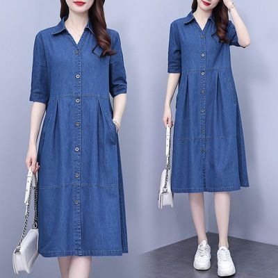 高档妈妈过膝大码牛仔连衣裙女2025夏季新款长款裙子显瘦微胖遮肉