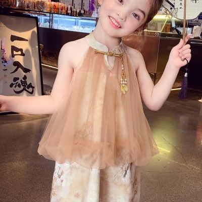 女童旗袍裙夏装2025新款儿童国风挂脖连衣裙小女孩纱裙洋气背