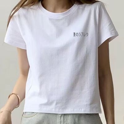 2025年夏季100%纯棉印花短袖高腰简约T恤适合青年女性宽