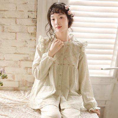 纯棉春秋女士睡衣高级感双层纱布立领长袖套装洋气家居服两件套