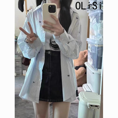 OLISI蓝色条纹蝴蝶结长袖衬衫女春夏新款polo领衬衣宽松