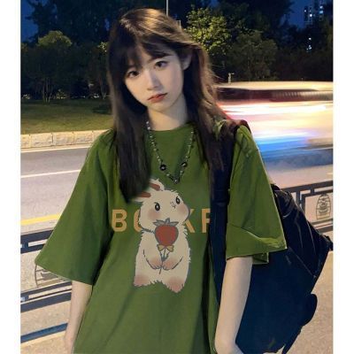 森系小清新短袖t恤女中长款卡通兔子印花宽松百搭夏天衣服男情侣