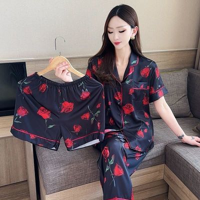 2025年夏季冰丝睡衣女三件套薄款时尚玫瑰高级感可外穿家居服