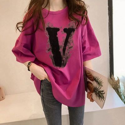 时尚潮流女士t恤短袖oversize宽松显瘦v字母印花高街夏季爆款上衣