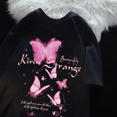 蝴蝶印花短袖女学生潮牌美式2025新款高街宽松hiphop体恤上衣夏季