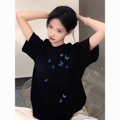 2025新款夏季短袖t恤女爆款正肩设计感小众美式宽松半袖学生上衣