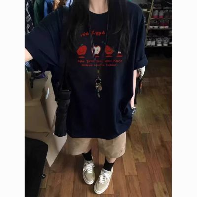 美式小个子潮牌苹果印花短袖t恤女夏季重磅oversize初中生上衣潮