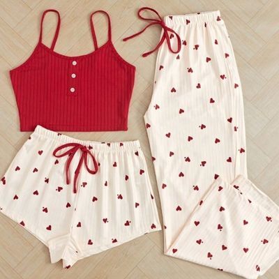 2024甜美爱心印花三件套夏季家居服涤纶薄款休闲睡衣