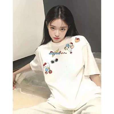 2025新款夏季女百搭圆领印花短袖T恤女多巴胺宽松kitty猫显瘦情侣