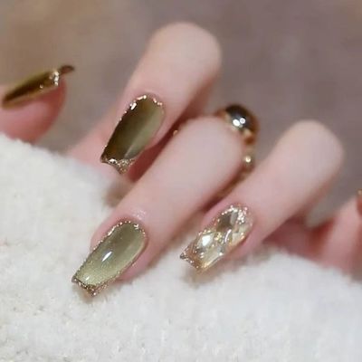 秋冬绿色晶石猫眼手工成品穿戴甲美甲2025穿戴新款高级指甲纯手工