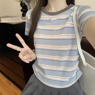 条纹撞色正肩褶皱短袖T恤女夏季2025新款修身设计感学生上衣