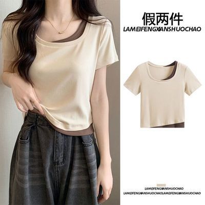 大码假两件短袖T恤女夏季2025新款小众设计感百搭纯欲风修身上衣