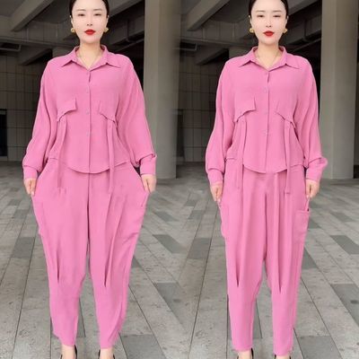 套装女夏季简约新款时尚妈妈装休闲复古宽松气质开衫哈伦裤两件套【4月18日发完】