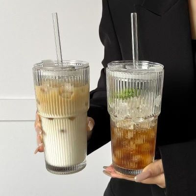 大容量吸管玻璃杯水杯带盖咖啡杯条纹ins高颜值冷饮果汁杯子