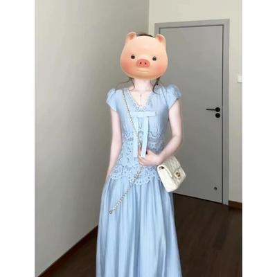 法式气质绝美长裙高级感巨好看独特漂亮轻奢蓝色镂空连衣裙女夏季【15天内发货】