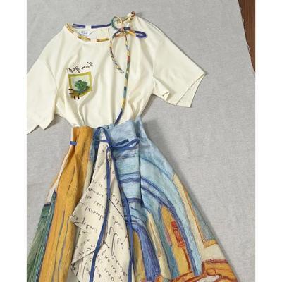 2025夏季新款复古文艺清新不规则半身裙女搭配短袖t恤两件套装