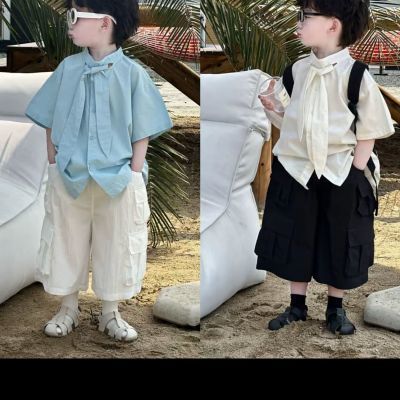 男童领带衬衫套装2025新款洋气时髦百搭短袖衬衣白色工装裤套