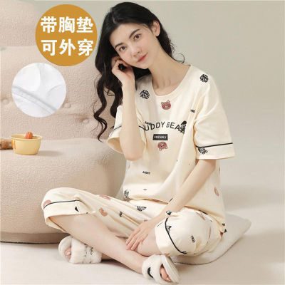 带胸垫睡衣夏季短袖七分裤纯棉休闲卡通家居服新款套装女士韩版可