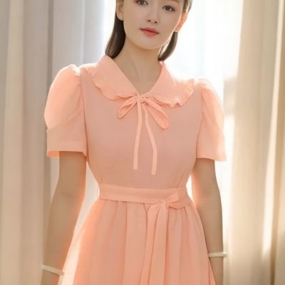 粉色雪纺连衣裙2025新款泡泡袖名媛气质少女夏仙气飘飘法式裙