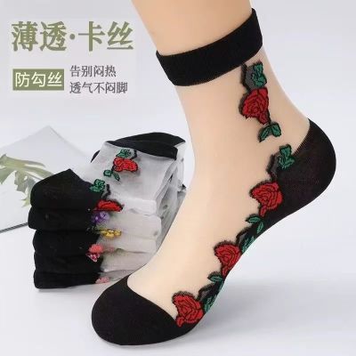 春夏季百搭时尚女袜子10双薄款水晶透气防滑跳舞袜耐磨复古中筒袜
