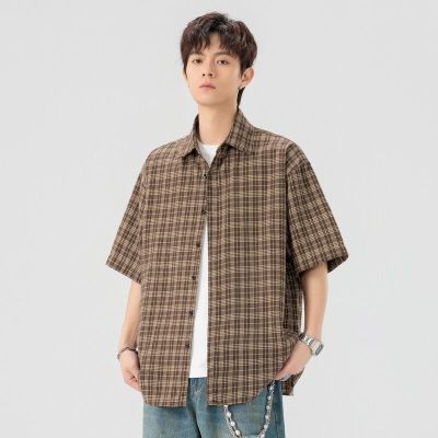 新款夏季衬衫潮牌休闲外套格子短袖男复古翻领宽松衬衣时尚废土风