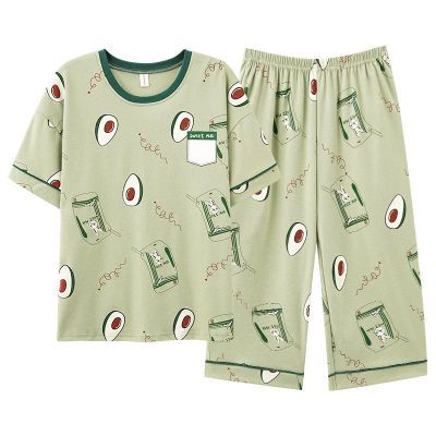 睡衣女棉质夏天季七分裤短袖圆领宽松体闲中青年妈妈家居服套装