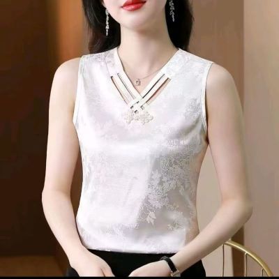 提花缎面吊带背心夏季设计新款大码盘扣西装中式醋酸上衣无袖打底【4月30日发完】