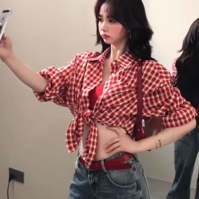 日系复古红色格子衬衫外套女夏季vintage松弛感休闲防晒衬