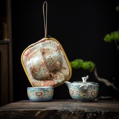999鎏银周鸿杰旅行套装方便携带纯银旅行茶具珐琅彩旅行茶具