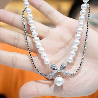 旭平合金项链女2025夏上新礼盒奢华优雅蝴蝶结白色珠珠项链送