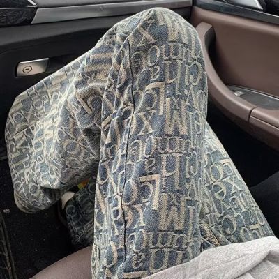 巴黎满印提花牛仔裤男秋小众设计感裤子男美式高街vibe直筒微喇裤