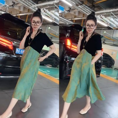 高品质丝绒拼接琉璃缎女士连衣裙