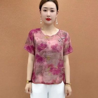 夏季新款妈妈显瘦半袖洋气时尚花纹遮肚宽松大码女装清仓爆款遮肚