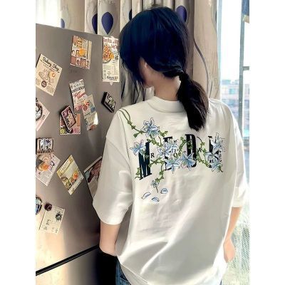 超火~爆款短袖t恤女小个子中长款字母花卉印花高街重磅情侣衣服男